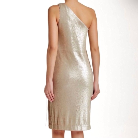 NEW HALSTON HERITAGE ONE-SHOULDER TWIST DRAPE SEQUIN MINI DRESS - Picture 5 of 8
